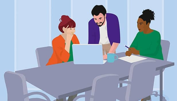 illustration of 3 colleagues working together around a laptop