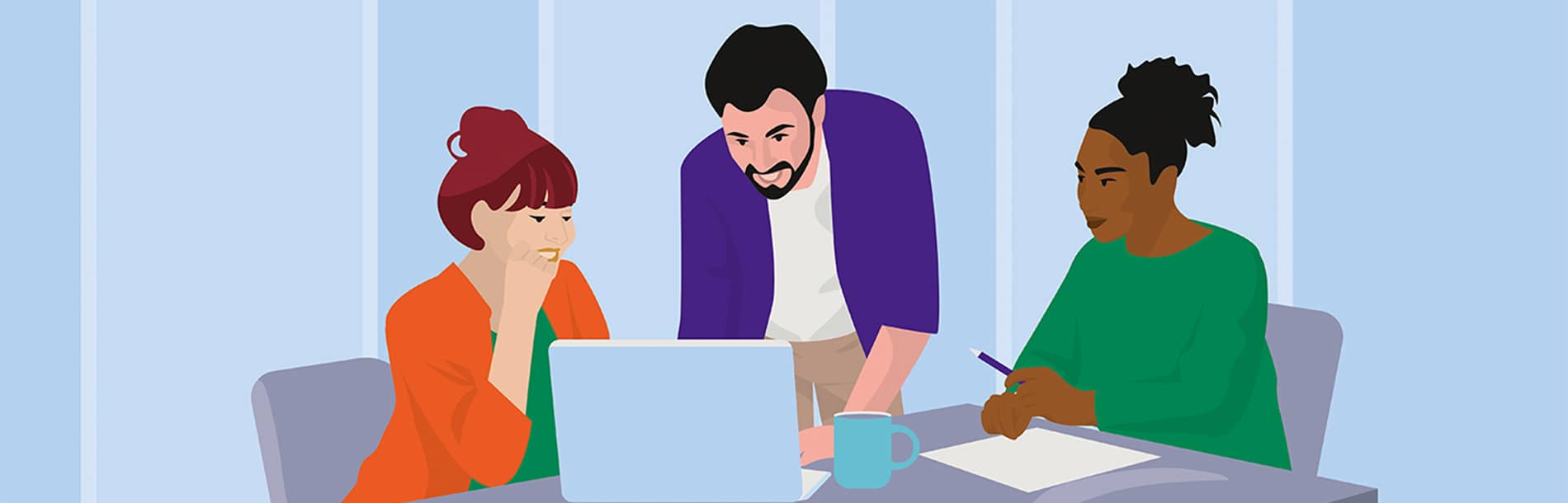 illustration of 3 colleagues gathered around a laptop