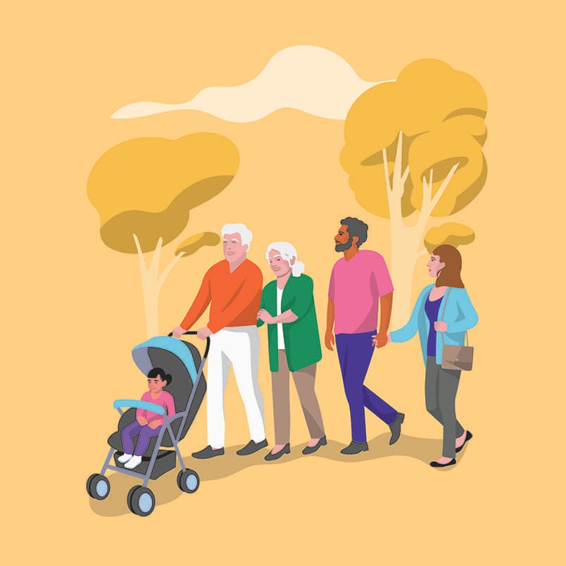 illustration of a family on a walk