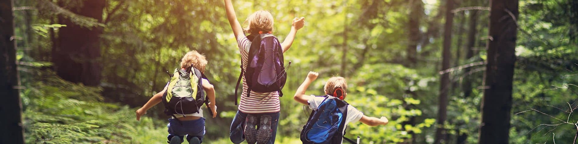 Kids doing a leaping jump while on a hike in the woods