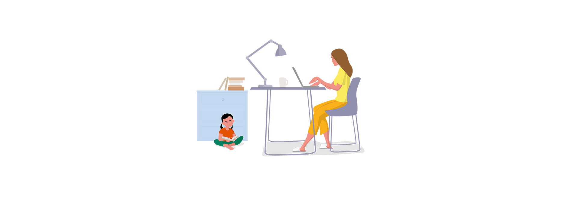 Illustration of a woman working from a home office with daughter playing on floor
