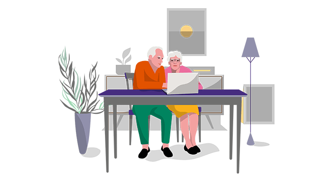 Illustration of a retired couple on a laptop