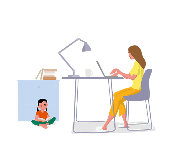 illustration of a woman in a home office with daughter playing